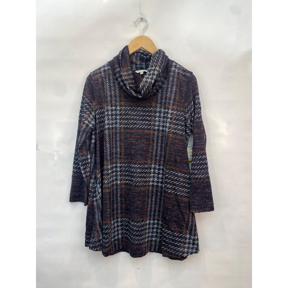 John Mark Women's Cowl Neck Plaid Tunic Top Black Red Buttons Size Medium New
